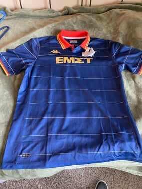 Kappa Navy Soccer Jersey with Red Collar and Gold Chest Lettering
